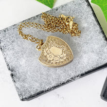 Load image into Gallery viewer, Gold Victorian Heart Shaped Shield Locket. Antique Scottish Carnelian 2 Sided Locket. Engraved Photo Locket & Chain. Scottish Agate Locket