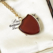 Load image into Gallery viewer, Gold Victorian Heart Shaped Shield Locket. Antique Scottish Carnelian 2 Sided Locket. Engraved Photo Locket & Chain. Scottish Agate Locket