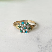 Cargar imagen en el visor de la galería, Georgian Pearl & Turquoise 18ct Gold Ring. Antique Cluster/Halo Ring. Georgian Rococo Daisy Flower Ring, Size UK O, US 7, EU 54
