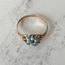Cargar imagen en el visor de la galería, Georgian Pearl & Turquoise 18ct Gold Ring. Antique Cluster/Halo Ring. Georgian Rococo Daisy Flower Ring, Size UK O, US 7, EU 54