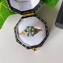 Cargar imagen en el visor de la galería, Georgian Pearl & Turquoise 18ct Gold Ring. Antique Cluster/Halo Ring. Georgian Rococo Daisy Flower Ring, Size UK O, US 7, EU 54