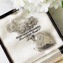 Cargar imagen en el visor de la galería, Vintage Sterling Silver Heart Locket Necklace. 1960s Baby Photo Love Heart Locket & Chain. Edwardian Retro Floral Engraved Sweetheart Locket