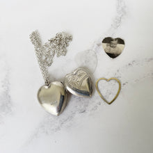 Cargar imagen en el visor de la galería, Vintage Sterling Silver Heart Locket Necklace. 1960s Baby Photo Love Heart Locket & Chain. Edwardian Retro Floral Engraved Sweetheart Locket