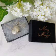 Cargar imagen en el visor de la galería, Vintage Sterling Silver Heart Locket Necklace. 1960s Baby Photo Love Heart Locket & Chain. Edwardian Retro Floral Engraved Sweetheart Locket