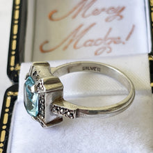 Carica l'immagine nel visualizzatore di Gallery, Antique Art Deco Blue Topaz Ring. Sterling Silver & Marcasite Geometric Ring. Vintage Emerald Cut Paste Gemstone Ring, Size L/UK, 5-3/4 US