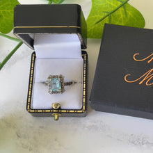 Carica l'immagine nel visualizzatore di Gallery, Antique Art Deco Blue Topaz Ring. Sterling Silver & Marcasite Geometric Ring. Vintage Emerald Cut Paste Gemstone Ring, Size L/UK, 5-3/4 US
