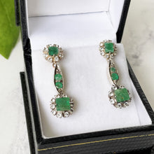 Charger l'image dans la galerie, Antique Victorian 15ct Gold Diamond & Emerald Earrings. Diamond Cluster Flower Earrings. Victorian Long Pendant Earrings