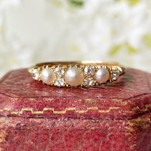 Cargar imagen en el visor de la galería, Antique Edwardian 18ct Gold Diamond Pearl Ring. Pearl Trilogy Ring. Antique Half Band Hoop Ring, Wedding, Engagement, Anniversary Ring