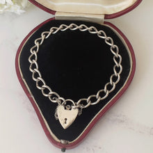Carica l'immagine nel visualizzatore di Gallery, Vintage Silver Heart Padlock Bracelet. Victorian Style Sterling Silver Curb Chain Bracelet. English Watch Chain Bracelet, Hallmarked 1971