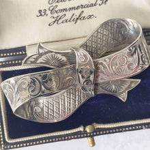Load image into Gallery viewer, Rare Antique Victorian English Silver Bow Brooch. Henry Ellis 1847 Exeter Hallmarked Brooch, Patented Design, Combe Martin Silver Mine Devon