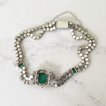 Cargar imagen en el visor de la galería, Antique Art Deco Paste Diamond & Emerald Bracelet. 1920s Sterling Silver Articulated Bracelet. Emerald Cut Green Gemstone Bracelet.