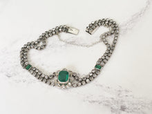 Cargar imagen en el visor de la galería, Antique Art Deco Paste Diamond & Emerald Bracelet. 1920s Sterling Silver Articulated Bracelet. Emerald Cut Green Gemstone Bracelet.