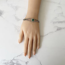 Cargar imagen en el visor de la galería, Antique Art Deco Paste Diamond & Emerald Bracelet. 1920s Sterling Silver Articulated Bracelet. Emerald Cut Green Gemstone Bracelet.