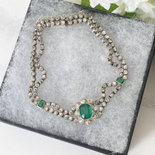 Cargar imagen en el visor de la galería, Antique Art Deco Paste Diamond & Emerald Bracelet. 1920s Sterling Silver Articulated Bracelet. Emerald Cut Green Gemstone Bracelet.