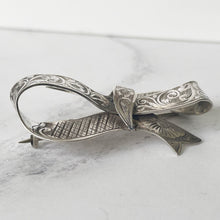 Load image into Gallery viewer, Rare Antique Victorian English Silver Bow Brooch. Henry Ellis 1847 Exeter Hallmarked Brooch, Patented Design, Combe Martin Silver Mine Devon