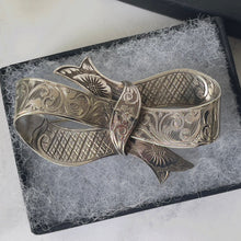 Load image into Gallery viewer, Rare Antique Victorian English Silver Bow Brooch. Henry Ellis 1847 Exeter Hallmarked Brooch, Patented Design, Combe Martin Silver Mine Devon