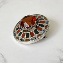 Cargar imagen en el visor de la galería, Victorian Scottish Silver Mixed Agate & Citrine Brooch. Antique Celtic Shield Cairngorm Brooch. Banded Agate, Bloodstone, Carnelian Brooch.