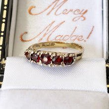 Charger l'image dans la galerie, Vintage 9ct Gold 5 Stone Bohemian Garnet Ring. English Edwardian Revival Half Hoop Ring. Antique Style Stacking/Pinky Ring US 4-1/2/UK I