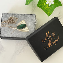 Cargar imagen en el visor de la galería, Vintage Sterling Silver And Malachite Moth Pendant. Art Nouveau Revival Pendant Necklace. Antique Arts & Crafts Style Pendant and Chain.