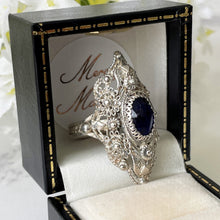 Cargar imagen en el visor de la galería, Antique Victorian Silver Filigree Ring. Paste Sapphire Marquise Ring. Renaissance Revival Baroque Ring. Size US 7/UK N.5/EU 54