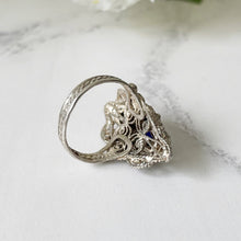 Cargar imagen en el visor de la galería, Antique Victorian Silver Filigree Ring. Paste Sapphire Marquise Ring. Renaissance Revival Baroque Ring. Size US 7/UK N.5/EU 54