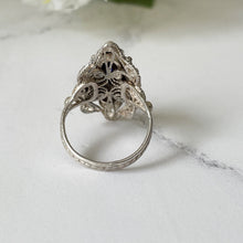 Cargar imagen en el visor de la galería, Antique Victorian Silver Filigree Ring. Paste Sapphire Marquise Ring. Renaissance Revival Baroque Ring. Size US 7/UK N.5/EU 54