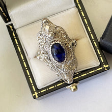 Cargar imagen en el visor de la galería, Antique Victorian Silver Filigree Ring. Paste Sapphire Marquise Ring. Renaissance Revival Baroque Ring. Size US 7/UK N.5/EU 54