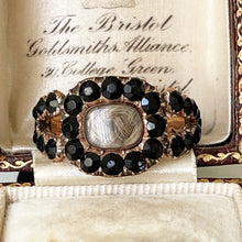Cargar imagen en el visor de la galería, Antique Georgian 18ct Gold Mourning Ring, Engraved 1815. Gents Stuart Crystal Black Paste Memorial Ring With Hair Compartment. Regency Ring