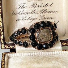 Cargar imagen en el visor de la galería, Antique Georgian 18ct Gold Mourning Ring, Engraved 1815. Gents Stuart Crystal Black Paste Memorial Ring With Hair Compartment. Regency Ring
