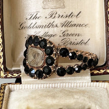 Cargar imagen en el visor de la galería, Antique Georgian 18ct Gold Mourning Ring, Engraved 1815. Gents Stuart Crystal Black Paste Memorial Ring With Hair Compartment. Regency Ring