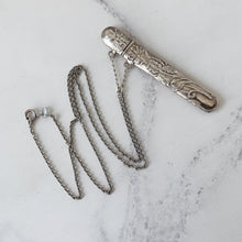 Cargar imagen en el visor de la galería, Vintage Sterling Silver Etui Needle Case Pendant Necklace. Victorian Art Nouveau Style Engraved Iris Silver Chatelaine Accessory
