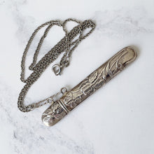 Cargar imagen en el visor de la galería, Vintage Sterling Silver Etui Needle Case Pendant Necklace. Victorian Art Nouveau Style Engraved Iris Silver Chatelaine Accessory