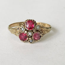 Cargar imagen en el visor de la galería, Antique Georgian Rhodolite Garnet & Pearl Gold Ring. Rose Pink Garnet Floral Cluster Ring. 12 Carat Gold Pansy Ring, Hallmarked For 1816