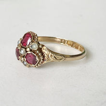 Cargar imagen en el visor de la galería, Antique Georgian Rhodolite Garnet & Pearl Gold Ring. Rose Pink Garnet Floral Cluster Ring. 12 Carat Gold Pansy Ring, Hallmarked For 1816