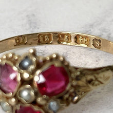 Cargar imagen en el visor de la galería, Antique Georgian Rhodolite Garnet & Pearl Gold Ring. Rose Pink Garnet Floral Cluster Ring. 12 Carat Gold Pansy Ring, Hallmarked For 1816
