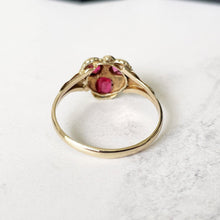 Cargar imagen en el visor de la galería, Antique Georgian Rhodolite Garnet & Pearl Gold Ring. Rose Pink Garnet Floral Cluster Ring. 12 Carat Gold Pansy Ring, Hallmarked For 1816