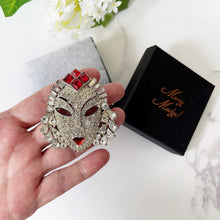 Cargar imagen en el visor de la galería, Mazer 1940s Oriental Face Mask Brooch & Earrings. Vintage Art Deco Asian Princess Pave Set Crystal and Ruby Red Diamante Brooch, Earring Set