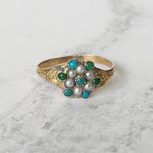 Cargar imagen en el visor de la galería, Georgian Pearl & Turquoise 18ct Gold Ring. Antique Cluster/Halo Ring. Georgian Rococo Daisy Flower Ring, Size UK O, US 7, EU 54