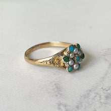 Cargar imagen en el visor de la galería, Georgian Pearl & Turquoise 18ct Gold Ring. Antique Cluster/Halo Ring. Georgian Rococo Daisy Flower Ring, Size UK O, US 7, EU 54
