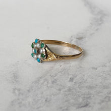 Cargar imagen en el visor de la galería, Georgian Pearl & Turquoise 18ct Gold Ring. Antique Cluster/Halo Ring. Georgian Rococo Daisy Flower Ring, Size UK O, US 7, EU 54