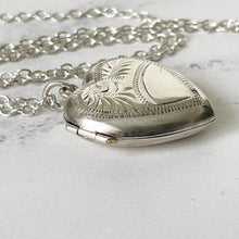 Cargar imagen en el visor de la galería, Vintage Sterling Silver Heart Locket Necklace. 1960s Baby Photo Love Heart Locket & Chain. Edwardian Retro Floral Engraved Sweetheart Locket