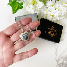 Cargar imagen en el visor de la galería, Vintage Sterling Silver Heart Locket Necklace. 1960s Baby Photo Love Heart Locket & Chain. Edwardian Retro Floral Engraved Sweetheart Locket