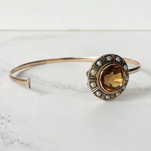 Cargar imagen en el visor de la galería, Antique Scottish Gold, Citrine & Pearl Bracelet Cuff. 9ct Gold Victorian Cairngorm Gemstone Bangle. Etruscan Revival Cuff Bracelet.