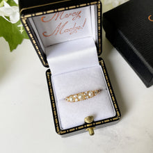 Cargar imagen en el visor de la galería, Antique Edwardian 18ct Gold Diamond Pearl Ring. Pearl Trilogy Ring. Antique Half Band Hoop Ring, Wedding, Engagement, Anniversary Ring