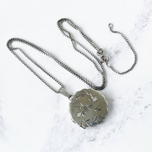 Cargar imagen en el visor de la galería, Vintage English Sterling Silver Round Locket. Round Scalloped Locket, Engraved Vines and Star. Vintage 2-Photo Locket, Adjustable Box Chain.