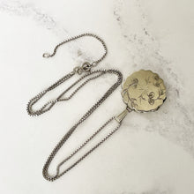Cargar imagen en el visor de la galería, Vintage English Sterling Silver Round Locket. Round Scalloped Locket, Engraved Vines and Star. Vintage 2-Photo Locket, Adjustable Box Chain.