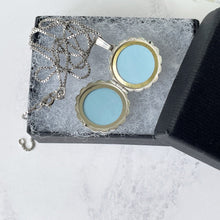 Cargar imagen en el visor de la galería, Vintage English Sterling Silver Round Locket. Round Scalloped Locket, Engraved Vines and Star. Vintage 2-Photo Locket, Adjustable Box Chain.