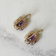 Cargar imagen en el visor de la galería, Victorian 14ct Gold Amethyst Drop Earrings. Antique Gold Filigree Oval Amethyst Dangle Earrings. Purple Gemstone Victorian Jewelry