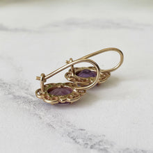 Cargar imagen en el visor de la galería, Victorian 14ct Gold Amethyst Drop Earrings. Antique Gold Filigree Oval Amethyst Dangle Earrings. Purple Gemstone Victorian Jewelry