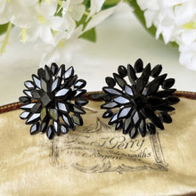 Cargar imagen en el visor de la galería, Georgian Vauxhall Glass Flower Earrings. Antique Black Glass Tile Sterling Silver Regency Earrings. Victorian Daisy Stud Hook Earrings c1820